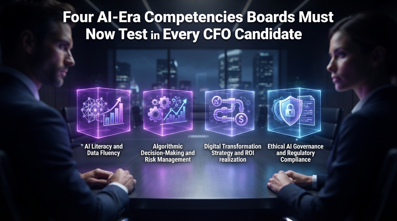 Editorial illustration for Four AI-Era Competencies Boards Must Now Test in Every CFO Candidate
